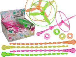  Neon pink green UFO pull-string toy, twisty spinning disc shape, colorful fidget game
