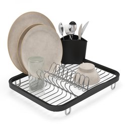  Black dish rack with utensil holder, draining tray, modern kitchen organization, stainless steel construction
