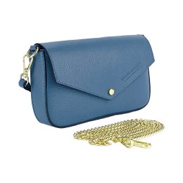 RB1023P | Kleine Umhängetasche mit abnehmbarem Kettenschultergurt aus echtem Leder, hergestellt in Italien. Verschlussklappe. Accessoires aus poliertem Goldmetall – Farbe Luftwaffenblau – Maße: 22 x 12 x 3 cm