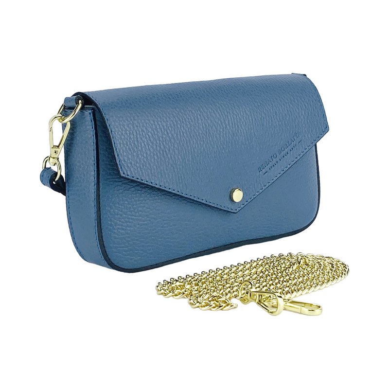 RB1023P | Kleine Umhängetasche mit abnehmbarem Kettenschultergurt aus echtem Leder, hergestellt in Italien. Verschlussklappe. Accessoires aus poliertem Goldmetall – Farbe Luftwaffenblau – Maße: 22 x 12 x 3 cm