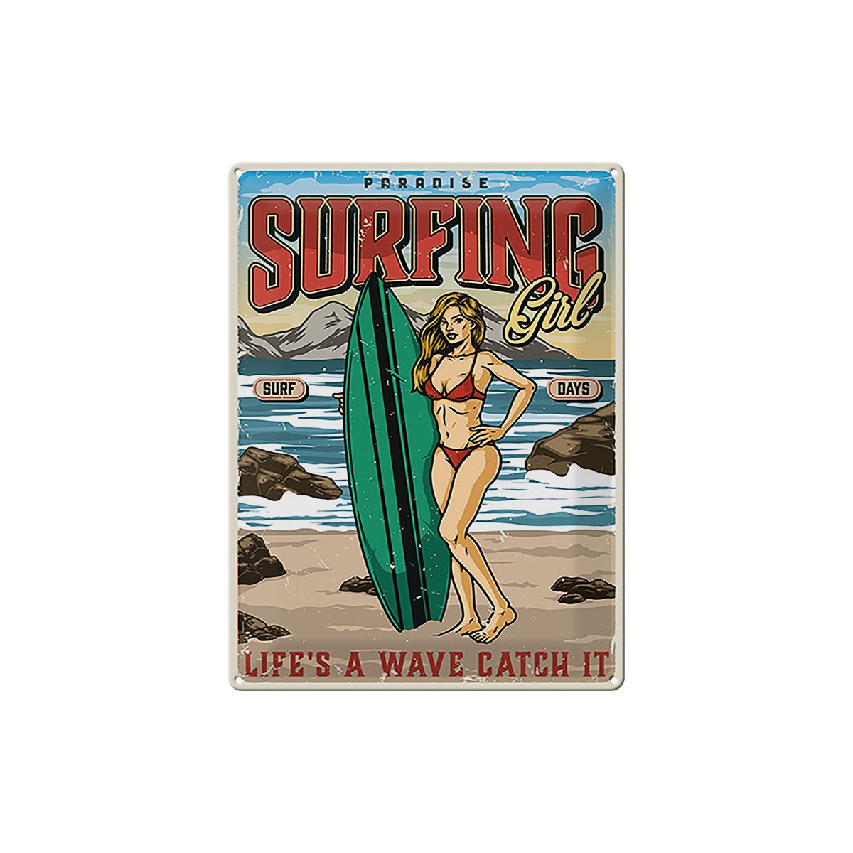 Blechschild Pinup 30x40cm Surfing Girl Paradise Sommer