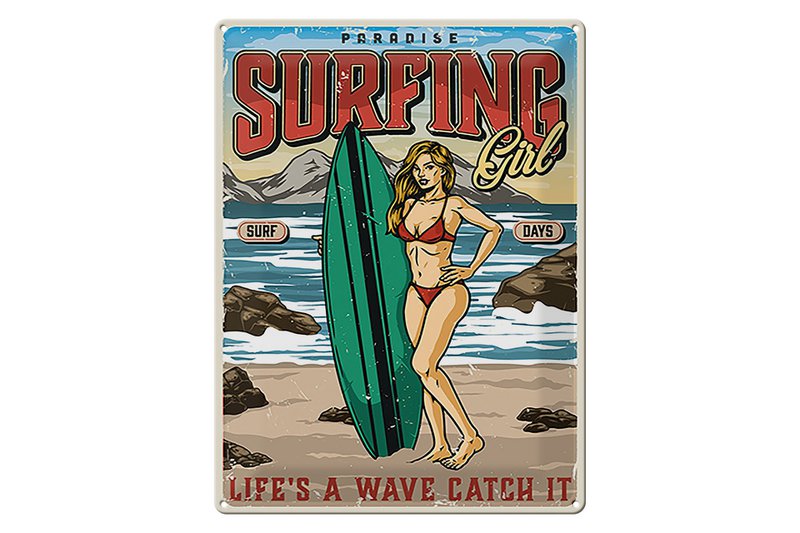 Blechschild Pinup 30x40cm Surfing Girl Paradise Sommer