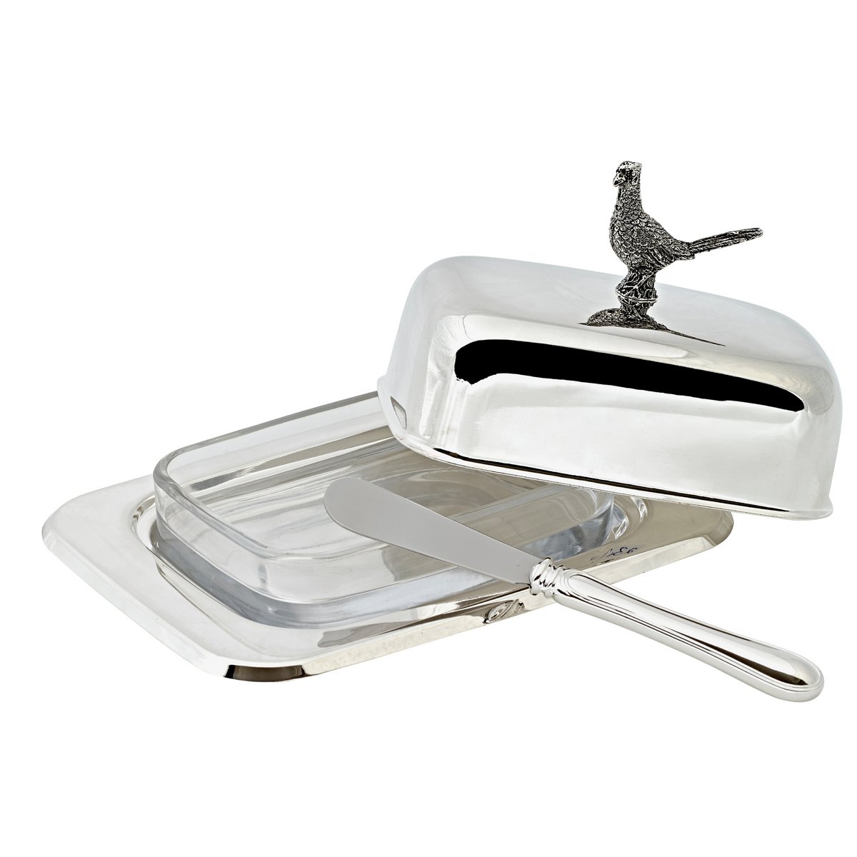 EDZARD butter dish pheasant 13x18 cm, H 9 cm, glass insert, silver-plated, with butter knife