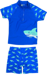 "UV Protection Swim-set Shark - blue, a vibrant blue baby swimsuit featuring a playful shark print. Made with UV-blocking fabric to keep your little one safe in the sun."