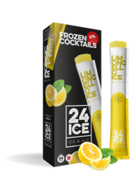 A set of 5 frozen limoncello cocktail popsicles in a black and yellow box. The popsicles feature a lemon slice design and are described as "24 ICE" on the packaging.