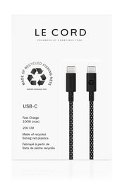 Black USB-C charging cable made from recycled fishing nets, 2 meters long, 100W power delivery.