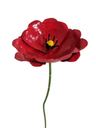 Vibrant red metal poppy flower with a yellow center, designed as a bird feeder for outdoor use.
