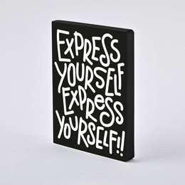 A black notebook with the text "Express Yourself" printed on the cover in a bold, stylized font. The notebook appears to be a high-quality, sustainably produced product with 256 numbered pages and a recycled leather cover.