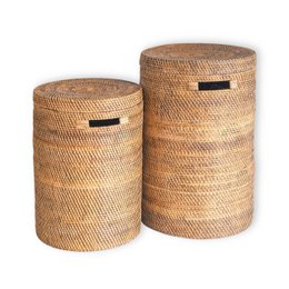 Großer Wäschekorb mit Deckel - gewebter runder Korb - brauner Boho -Aufbewahrungskorb - Dekorativer Rattankorb (2 Größen Ø 36/40 cm) Sari (braun)
