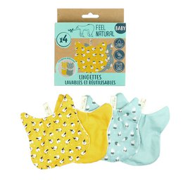  Set of 4 cat head wipes in yellow and mint green colors, featuring a cat head pattern. Suitable for babies.