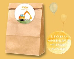 Excavator-themed gift bags for construction-themed children's birthday parties. Includes stickers with excavator design. Available in sets of 6, 8, or 10 bags.