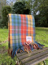Cozy tartan blanket in vibrant plaid pattern with soft wool material and fringed edges, perfect for snuggling up on a chilly day.