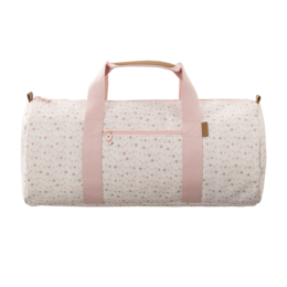  A white and pink floral patterned weekend bag with a round handle and pink trim. The bag appears to be made of a lightweight, durable material and is suitable for casual weekend travel or activities.