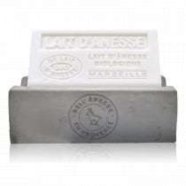Rectangular concrete soap dish with lavender-scented soap bar.