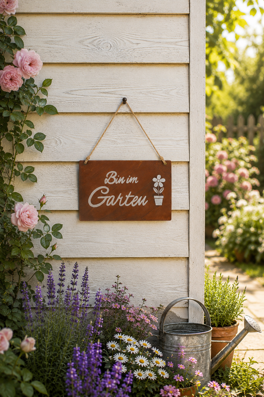 Edelrost-Tafel Bin im Garten