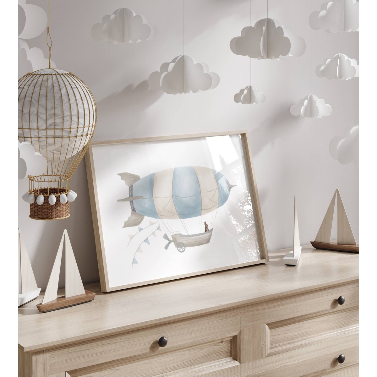 Zeppelin print, zeppelin poster, airship poster, hot air balloon print, hot air balloon poster, blue boys room poster, woodland print, bunny print, boys nursery art print, boys room, landscape print