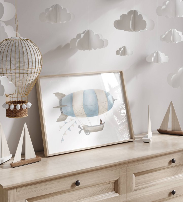 Zeppelin print, zeppelin poster, airship poster, hot air balloon print, hot air balloon poster, blue boys room poster, woodland print, bunny print, boys nursery art print, boys room, landscape print