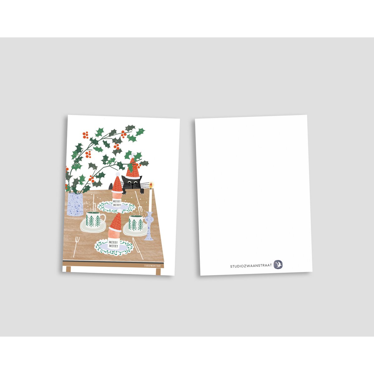 Postkarte 'Weihnachtsfrühstück (mit Katze)'
