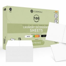 Eco-friendly laundry sheets in Sea Breeze, Spring, Lavender, Fragrance Free, Cherry Blossom, and Wild Forest scents. Available in 20, 60, and 120 count packs.