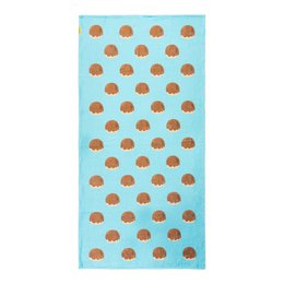 Turquoise beach towel with brown polka dot pattern, suitable for beach or pool use.