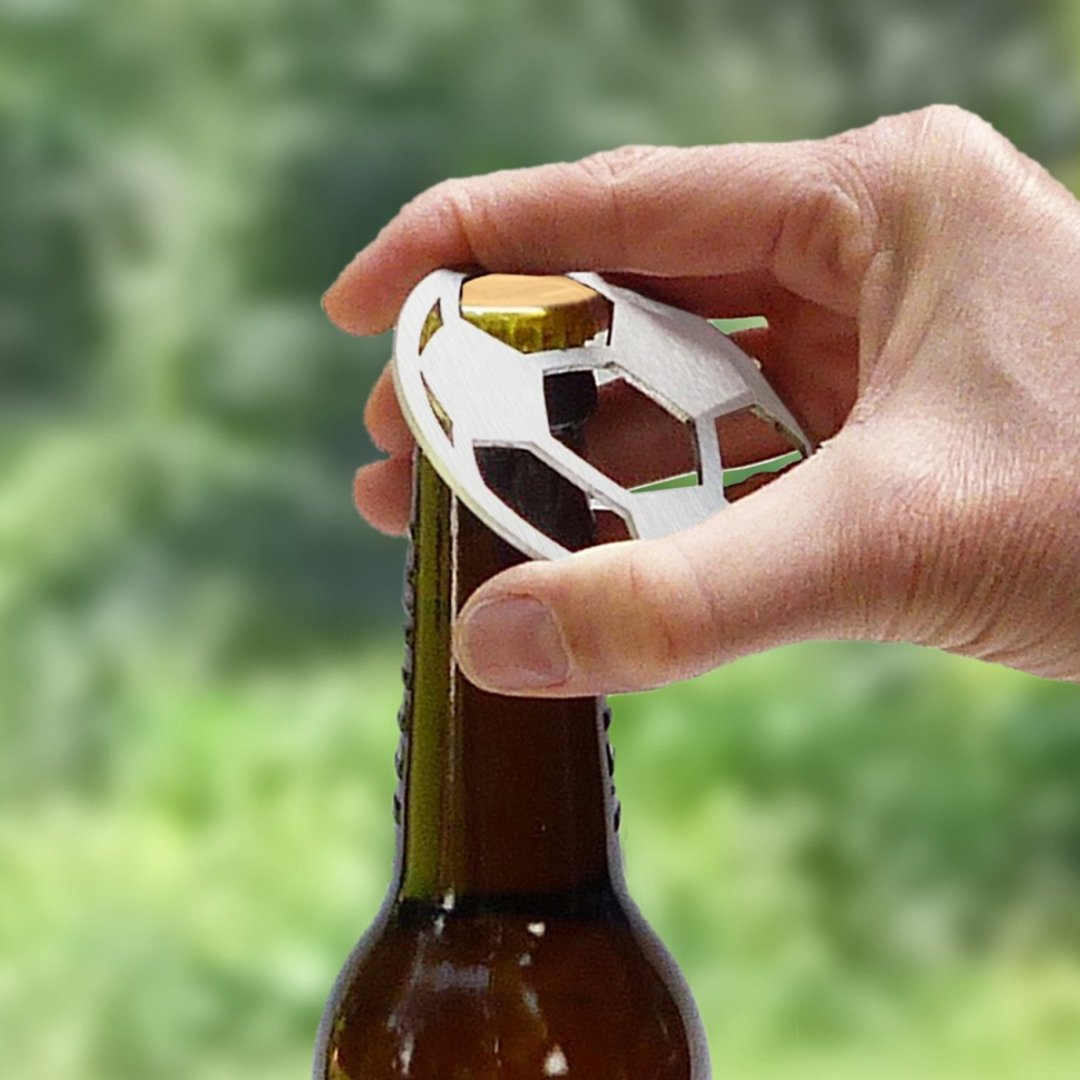 Bottle opener made of stainless steel · motif soccer · with cotton cord + 2 beer mats