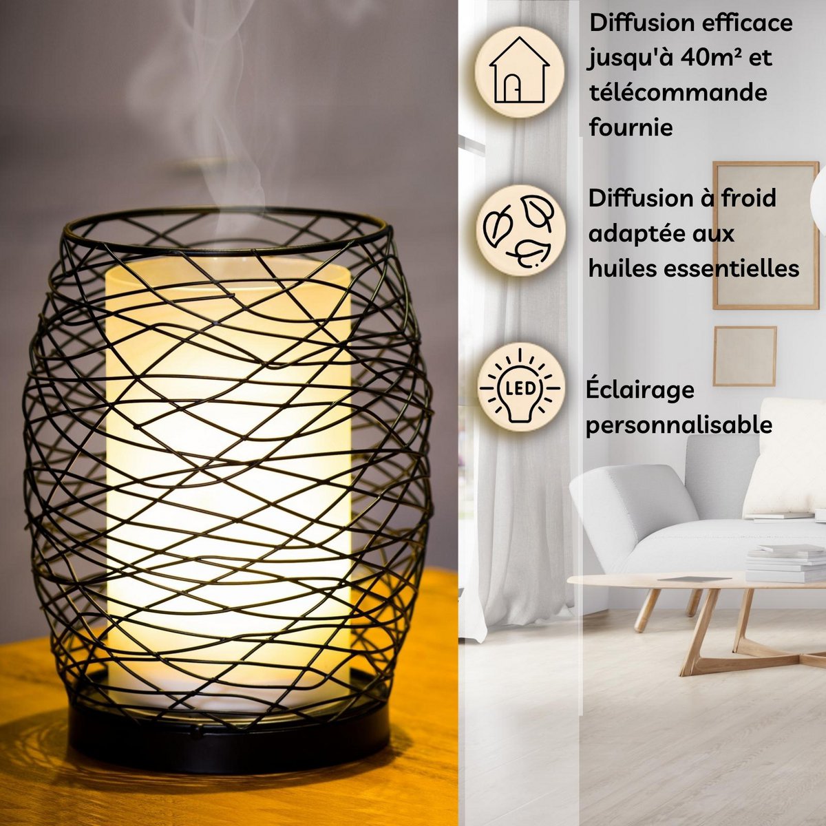 Ultrasonic Diffuser – Volupsia – in Glass and Metal with Remote Control – Simple to Use – Sober Design – Candlelight Lighting