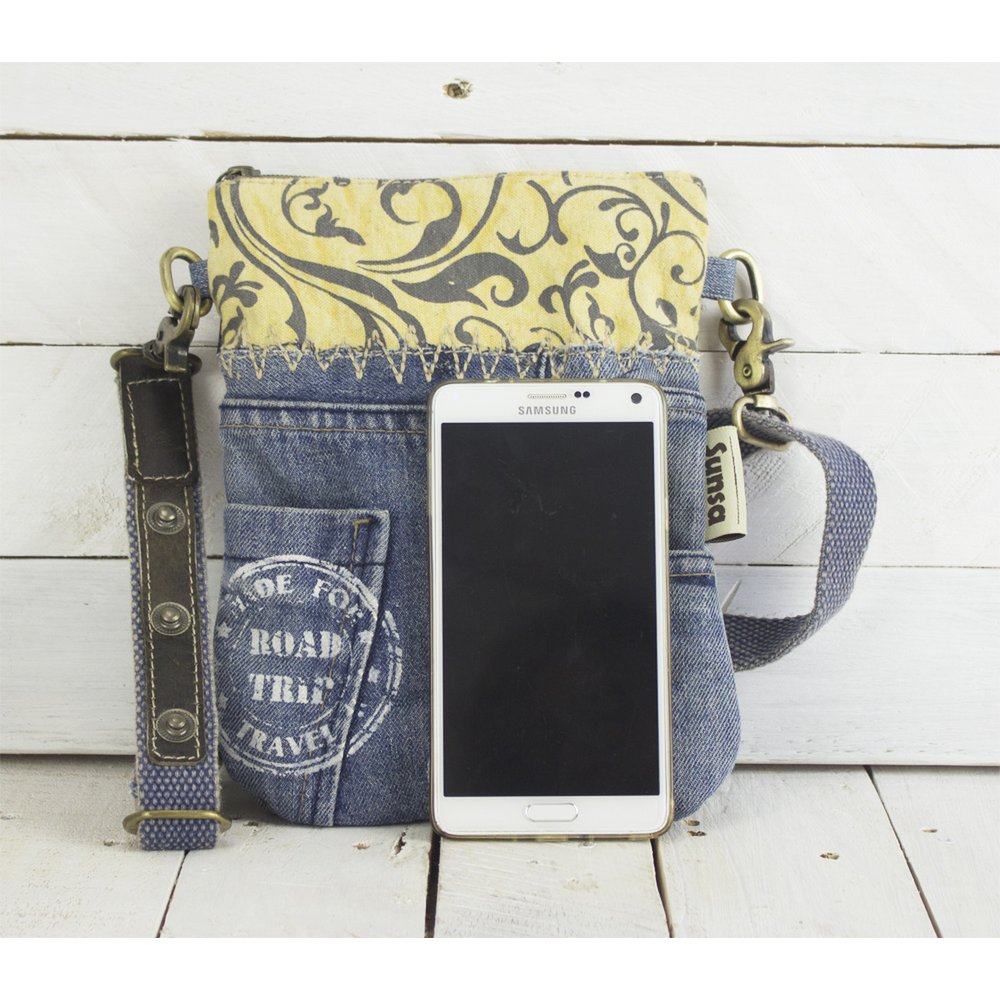 Sunsa kleine Umhängetasche. Damen Schultertasche aus Upcycling Jeans und Canvas (Segeltuch). Handtasche Vintage Retro-Stil. Crossbody Tasche für Frauen.