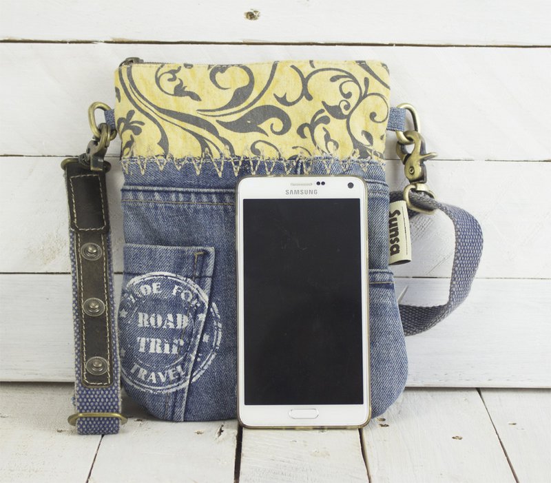 Sunsa kleine Nachhaltige Umhängetasche.  Damen Schultertasche aus recycelte Jeans & Canvas ( Segeltuch). Handtasche Vintage retro Stil. Crossbody Tasche für Frauen.