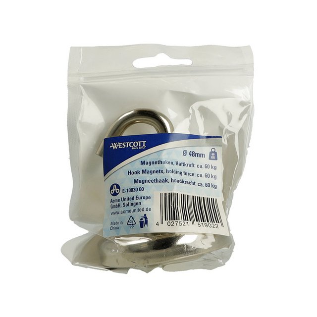 Magneet Westcott met haak 48mm zilver. Trekkracht +/- 60kg