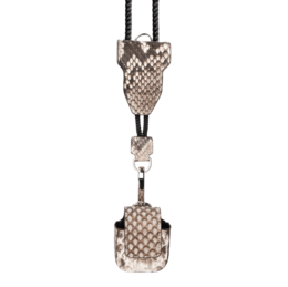 Airpods case made of natural python leather with a carabiner. The case has a snakeskin pattern in shades of brown and gray.