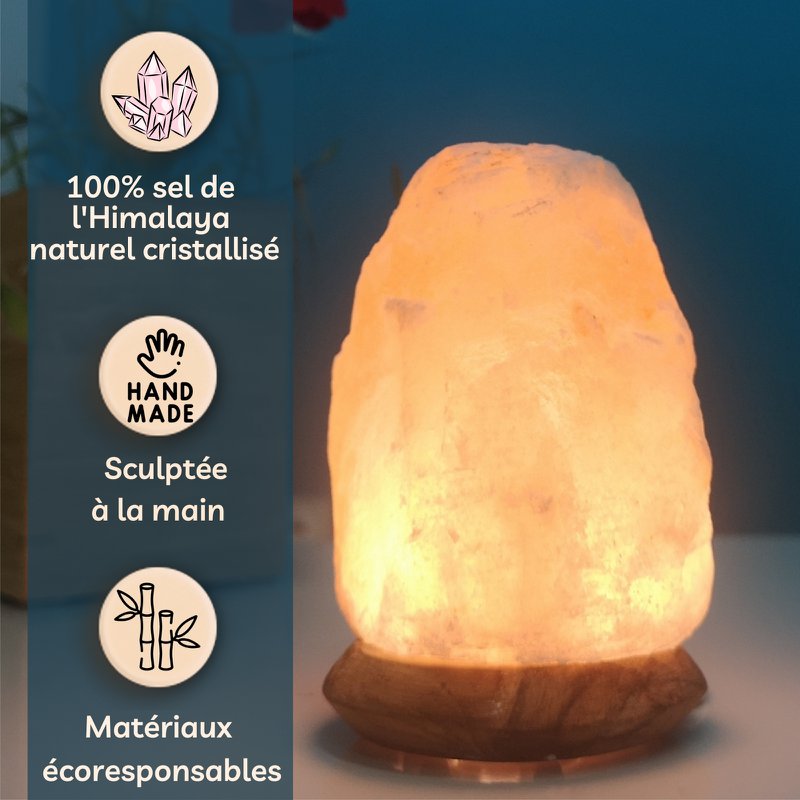 Lampa USB z kryształem soli himalajskiej – Rock 600g – Podstawa drewniana – Przedmiot dekoracyjny