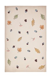  Beige tea towel with autumn leaves, acorns, and fall foliage pattern design.