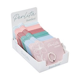 Delicate, pastel-colored stacking rings with a pearl accent. The rings feature a floral design and come in a variety of soft, muted colors.