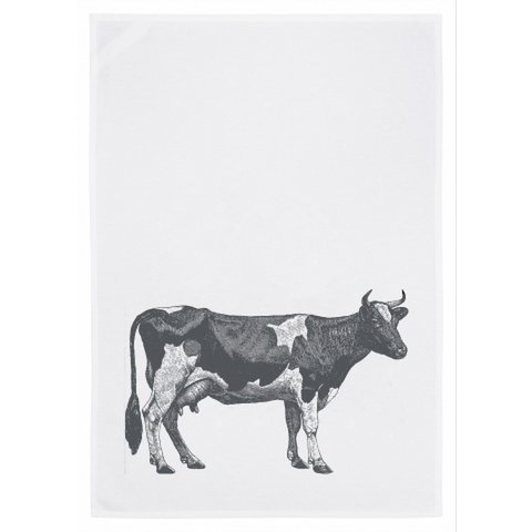White tea towel, COW, gray