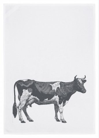 White tea towel, COW, gray