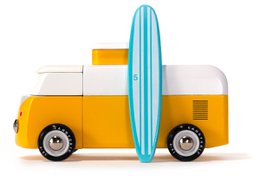  Yellow and turquoise VW beach bus toy with surfboard, vintage style, colorful retro camper van.