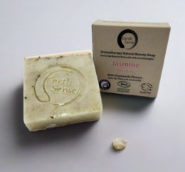 Organic certified solid soap bar with jasmine and chamomile flowers, 90g.