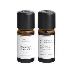 Two amber glass bottles with black caps labeled "No 1 Meadow Lily & Cotton Musk" and "Meadow Lily & Cotton Musk" diffuser refills. The bottles are placed on a white surface.