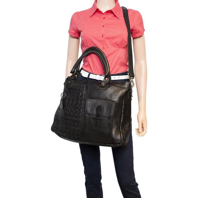 Black ladies bag or shoulder bag made of braided leather handles and