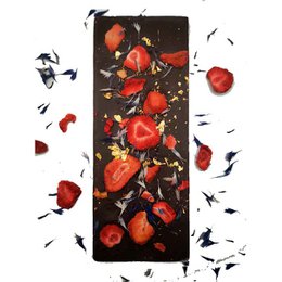 Dark chocolate bar with strawberry, cornflower, and gold accents. Gourmet selection of premium chocolate.
