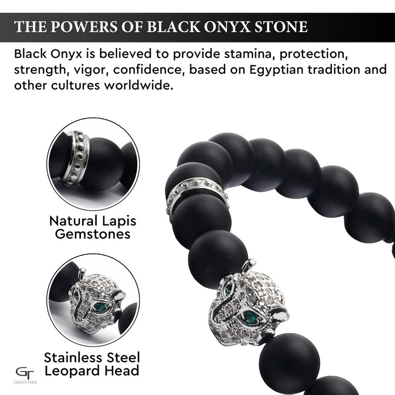 Pulsera de hombre de ÓNIX NEGRO con cabeza de LEOPARDO plateada