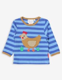 Long-sleeved striped shirt for kids featuring a chicken appliqué design. Available in sizes from 3-6 months to 5-6 years.