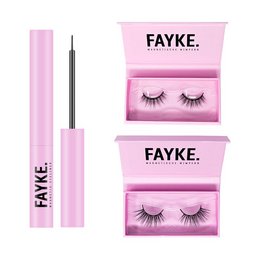 A makeup kit containing eyelash products, including a pink eyelash case and a black eyeliner. The kit is called "FEELIN' MYSELF" and includes two sets of false eyelashes.