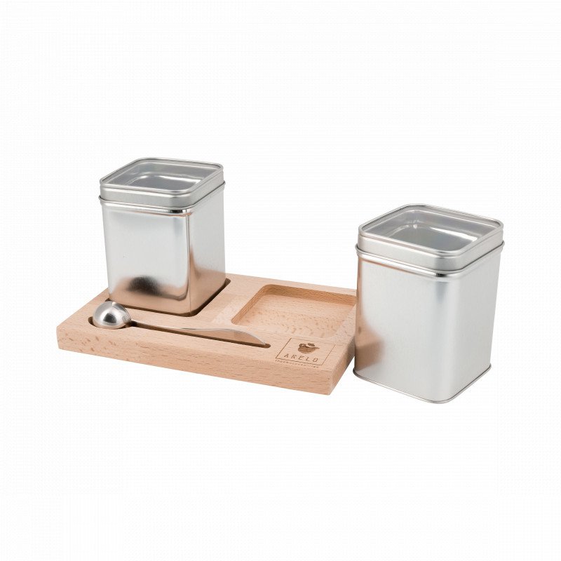 Tea board with 2 window tins and stainless steel measuring spoon