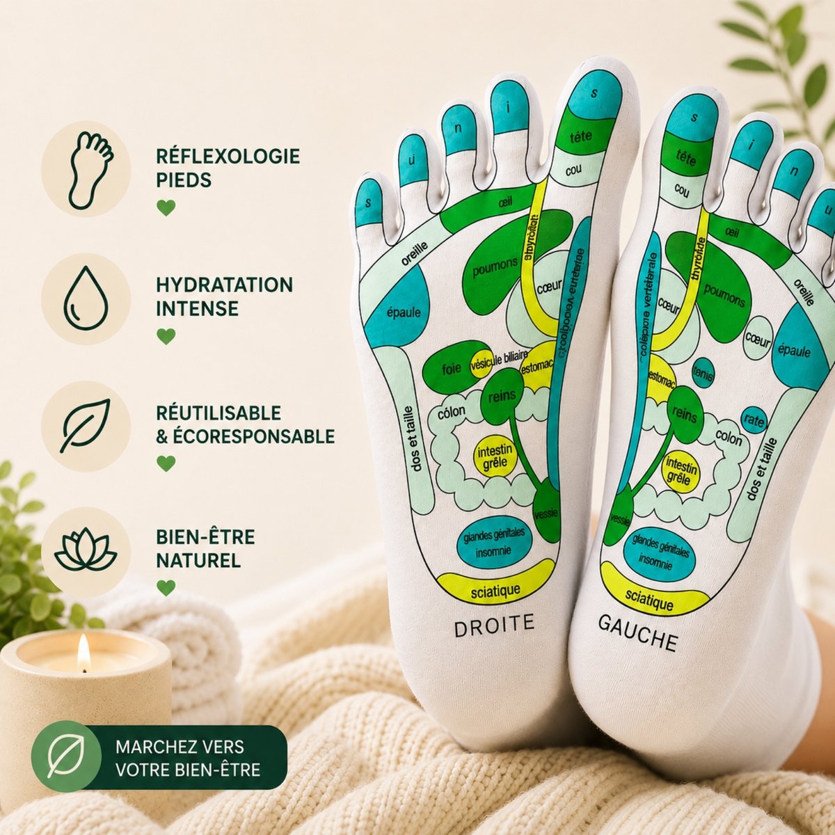 Chaussettes Réflexologie SPA Adoucissantes - Gel Hydratant aux Huiles de Jojoba et Olive, Vitamine E et Lavande - Redonne Douceur et Souplesse aux Pieds – Zone de Massage Réflexologie