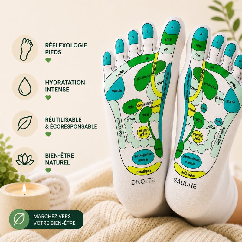 Chaussettes Réflexologie SPA Adoucissantes - Gel Hydratant aux Huiles de Jojoba et Olive, Vitamine E et Lavande - Redonne Douceur et Souplesse aux Pieds – Zone de Massage Réflexologie
