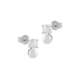 Silver drop earrings with zircon and pearl accents. Elegant and sophisticated design suitable for formal or casual wear.