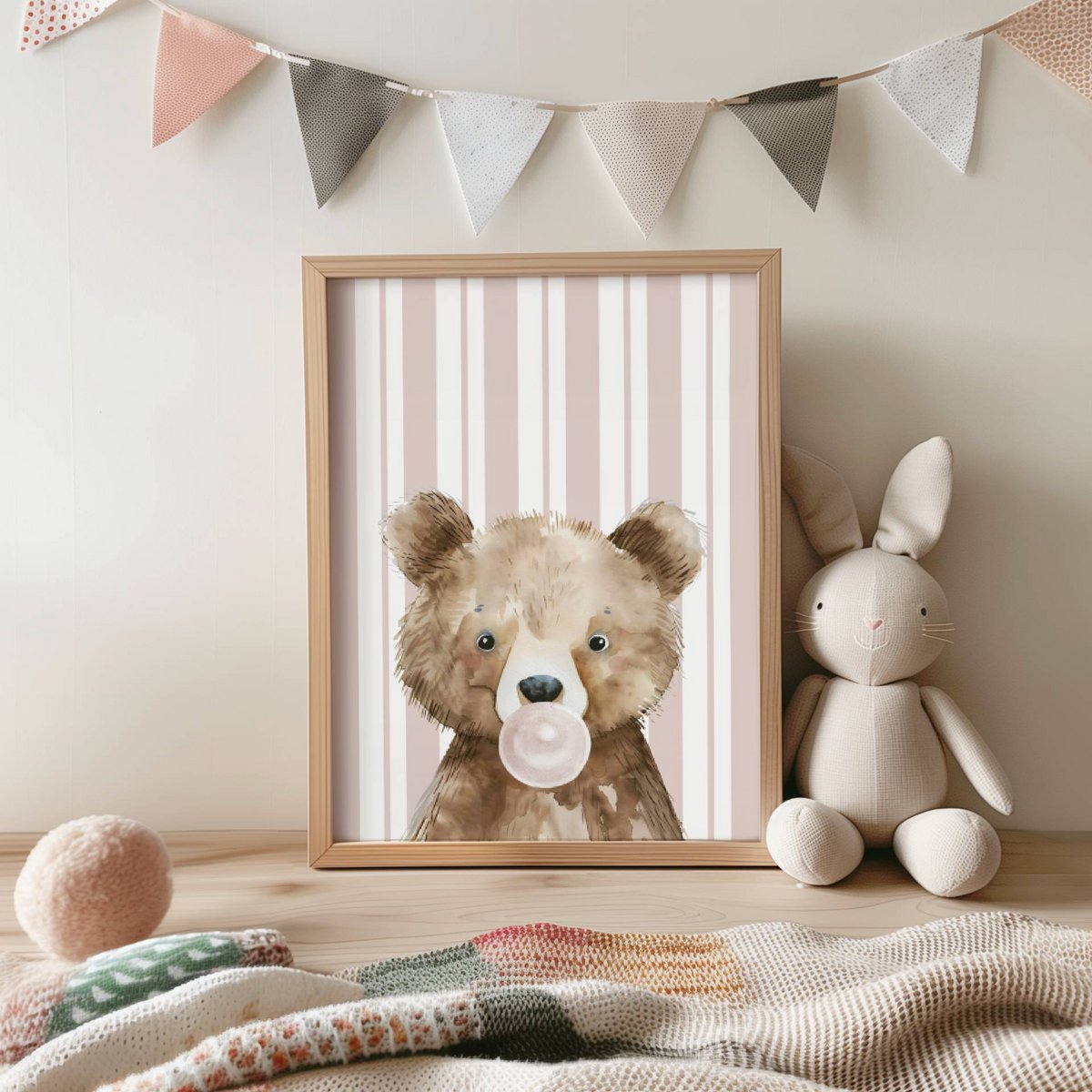 Bear bubble gum poster, woodland animals poster, bear print, cute bear poster, girls room poster, girls nursery art print, girls room