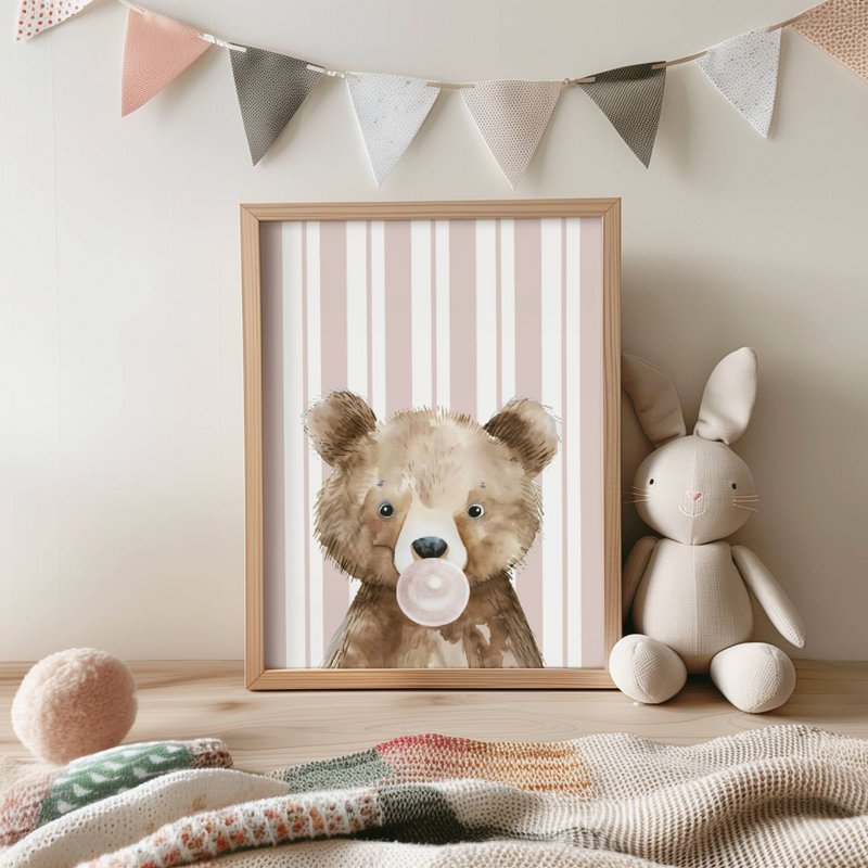 Cartel de chicle de oso, cartel de animales del bosque, impresión de oso, cartel de oso lindo, cartel de la habitación de las niñas, impresión de arte de la guardería de las niñas, habitación de las niñas