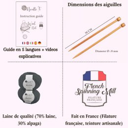 NEEDLE IT® Kit Tricot bonnet complet gris - Bonnet en laine à tricoter soi-même pour enfant et adulte - Kit complet avec aiguilles, pelotes et notice - Laine française (Gris)